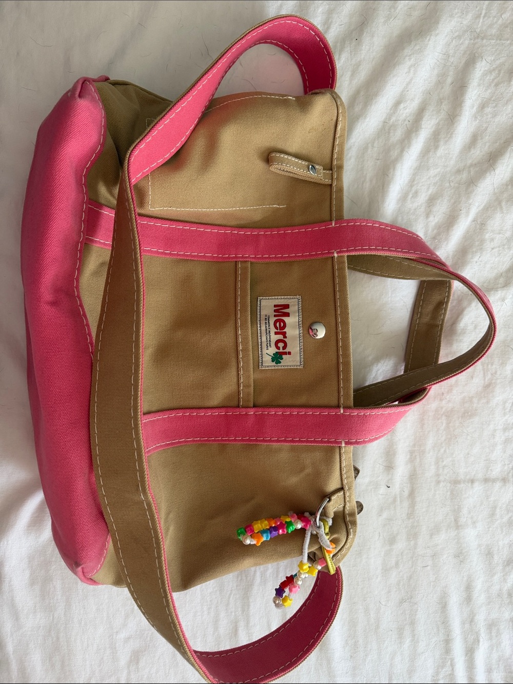 Merci Two-Tone Canvas Tote Bag in Tan and Pink